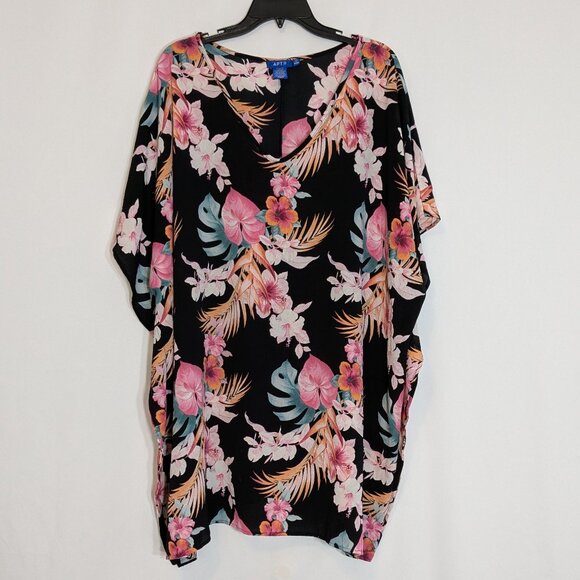 APT. 9 Black/Pink Floral Tropical V-Neck Poly Chiffon Kimono; Size 3X - Picture 1 of 6
